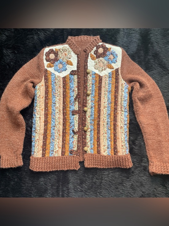 Handmade Sweaters - Vintage hand knit hand quilted floral boho festival cardigan sweater